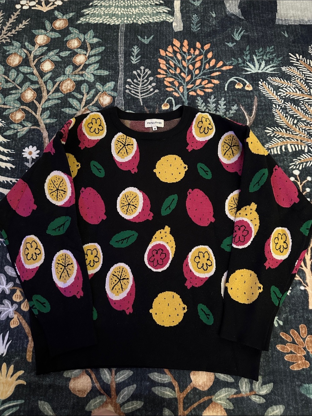 Pepaloves Black Fruit-Print Knit Sweater - Pink, Yellow, Green